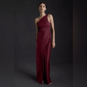 Anthropologie BHLDN Dylan One-Shoulder Satin Side-Slit Gown in Dark Berry